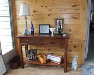 Sofa Table, Lamp, Baskets, Hobnail Dish, Rabbit