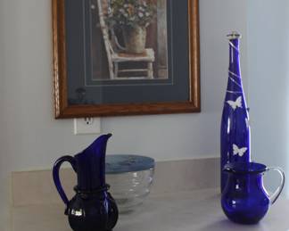 Cobalt Blue Pitchers, Bowl, Framed Art