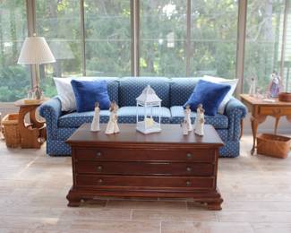 Coffee Storage Table 48 inch, Sofa, Logaberger Baskets, Lamps, End Tables