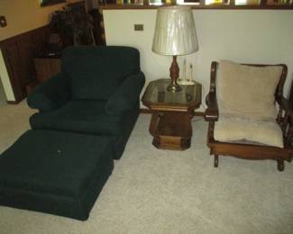 Chair and ottoman, table and lamp