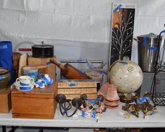 Globe, camping chair, wooden boxes, hanging candle holders, rolling pin..