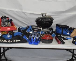 Baseball, helmets, kids swing, barbecue..