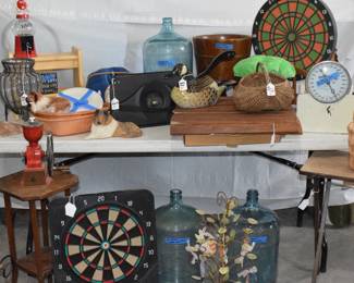 Vintage glass jugs, vintage coffee grinder, dart boards etc.