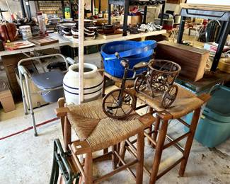 3 stools, deco bicycle, dispenser