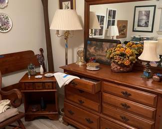 Lovely vintage full sized bedroom set - solid wood.  Headboard, foot board, rails, night stand, and dresser.