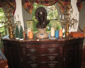 Marble Top Piece, Bronze Bust and Pair of Girondale Lamps