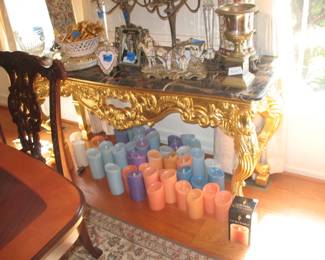 Marble Top Console Table, Mahogany Dining Table wit Chippendale Chairs. Luminara Candles