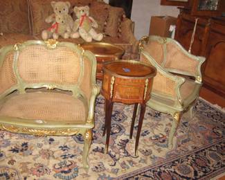 End TAbles, Teddy Bears, Painted and Gilt French Cane Chairs, machine made rug
