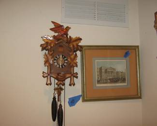 German Clock and antique French Print