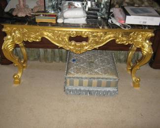 Gold Leaf Marble Top Console, Silk Ottoman