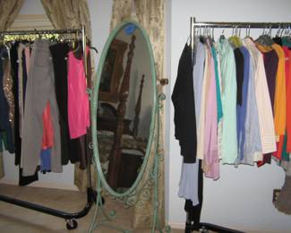 Floor Standing Dressing Mirror, Ladies Clothing , much of it new with tags, Size Large, Chicos, Jones etc and Clothing Racks