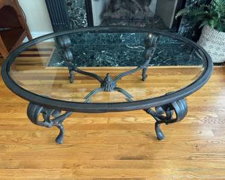Heavy Metal Oval Shaped Coffee Table with Beveled Glass