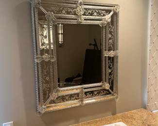 $1600  One of a pair of matching Venetian  glass mirrors.  Each is 31" x 35".    Stunning.  as found - two flowers need to be rewired but not broken.