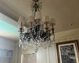 $2400 obo 12 arm Crystal and metal chandelier from David Weatherford.  43" drop as shown x 22" diameter.  Beautiful!  Closeup of the metal shows beautiful detailing.  