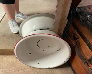 This enamel bowl was found in the garage covered in grease.  And look at it now.  Unfortunately for you we’ve had to tack on a cleaning fee so it does raise the price a bit but it’s totally worth it.