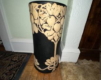 WELLER POTTERY UMBRELLA STAND: Having a raised Apple & Foliate motif