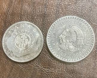 1964 Canada silver dollar, 80% silver and 1948 Cinco Pesos large silver coin, 90% silver