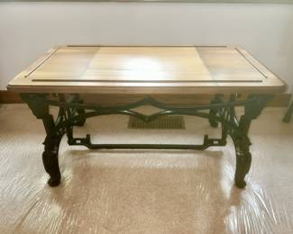 Antique repurposed cast iron sewing machine base w/ wooden top coffee table