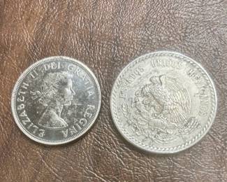 1964 Canada silver dollar, 80% silver and 1948 Cinco Pesos large silver coin, 90% silver, back side