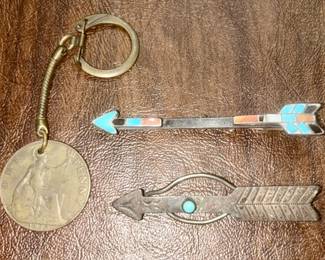 1913 large penny keychain, silver and turquoise tie tacks