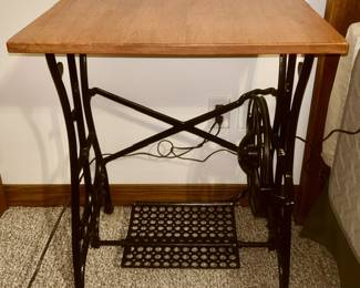 Antique sewing machine base w/ wooden top side table