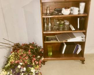 Book shelf, misc. vases, silk flowers, etc.