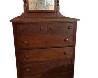 Antique Wood Dresser with Mirror and 6 Drawers