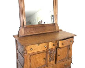 Beautiful Victorian Oak Dresser/ Cabinet w/ Mirror, 52×23×79. Dresser has Bow-Front Drawers & Dovetailed Joints