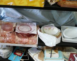 Pink Depression and glassware.