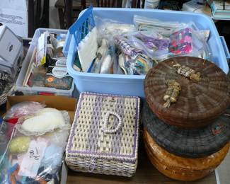 Sewing baskets/boxes, thread and material