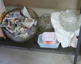 Old pyrex bowls, Glassware, Punch bowl and cups.