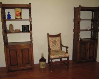 Bookcases, antique oak chair, Jack Daniels jug