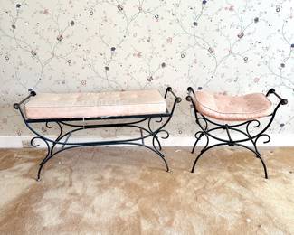 WROUGHT IRON BENCHES/STOOL WITH CUSHIONS