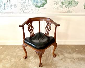 ANTIQUE LEATHER CHIPPENDALE STYLE CORNER CHAIR