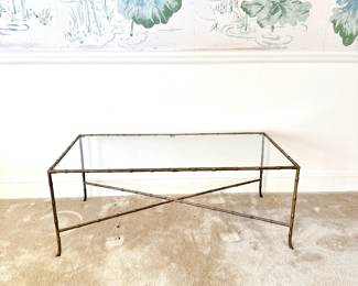 VINTAGE FAUX BAMBOO BRASS COFFEE TABLE WITH GLASS TOP