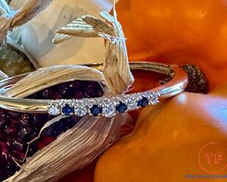 14K White and Yellow GOLD Hinged Bangle Style Bracelet with Diamonds and Sapphire