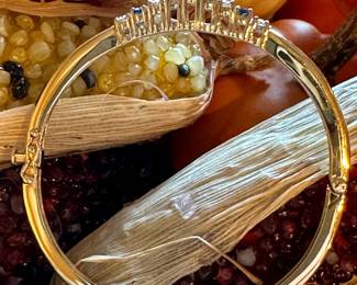 14K White and Yellow GOLD Hinged Bangle Style Bracelet with Diamonds and Sapphire