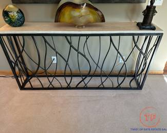 HOOKER FURNITURE Curvy Steel Base Console Table with Travertine Marble Top