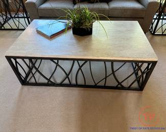 HOOKER FURNITURE Curvy Steel Base Coffee Table with Travertine Marble Top