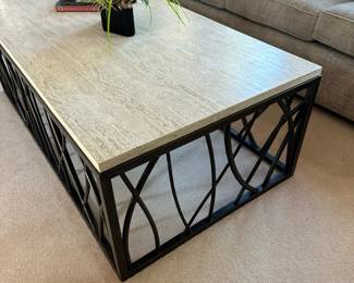 HOOKER FURNITURE Curvy Steel Base Coffee Table with Travertine Marble Top