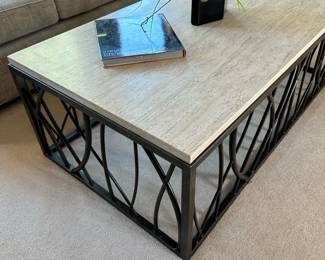 HOOKER FURNITURE Curvy Steel Base Coffee Table with Travertine Marble Top