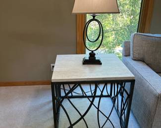 HOOKER FURNITURE Curvy Steel Base Side Table with Travertine Marble Top