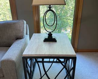HOOKER FURNITURE Curvy Steel Base Side Table with Travertine Marble Top