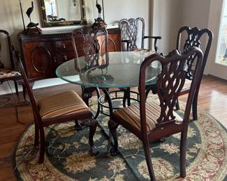 Dining, rugs, antique mahogany sideboard and Theodore Alexander Cranes table lamps