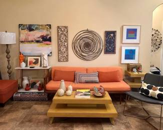 Mid century modern day bed, end table and coffee table. New orange upholstered chairs 