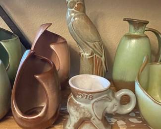 The bird in the center is not Frankoma it is a rare piece by Chester Nicodemus and Ohio potter. He does not use this glaze a lot but it is gorgeous and signed.