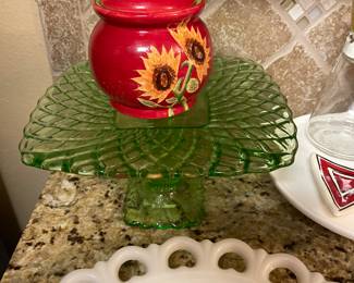 vintage green depression glass cake stand