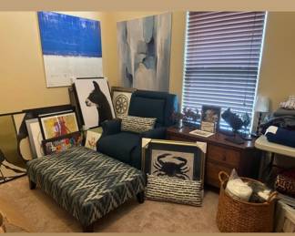 Beautiful ottoman and new blue recliner 