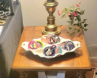 1 of 2 End Tables and Brass Lamps