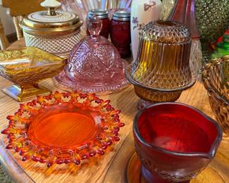 Northwood amberina glass Fleur De Lis bowl -         Dalzell Viking pink round butter dish